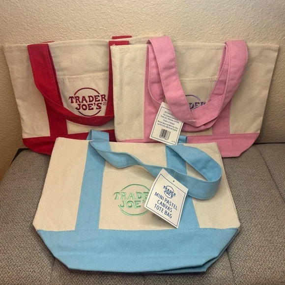 Trader Joe’s Mini Canvas Tote Bags— 2 Pastels (Pink & Blue) + 1 Red (3 total) - Picture 10 of 11
